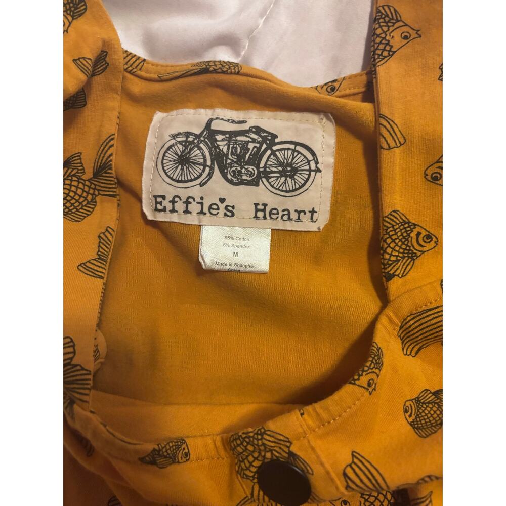 Effie’s Heart Goldfish Print Fit & Flare Dress Size Medium Mustard Retro Midi - Picture 3 of 6